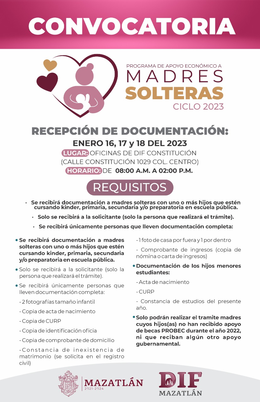 Abren Gobierno Municipal y Sistema DIF Mazatlán convocatoria del programa de Apoyo Económico a Madres Solteras 2023