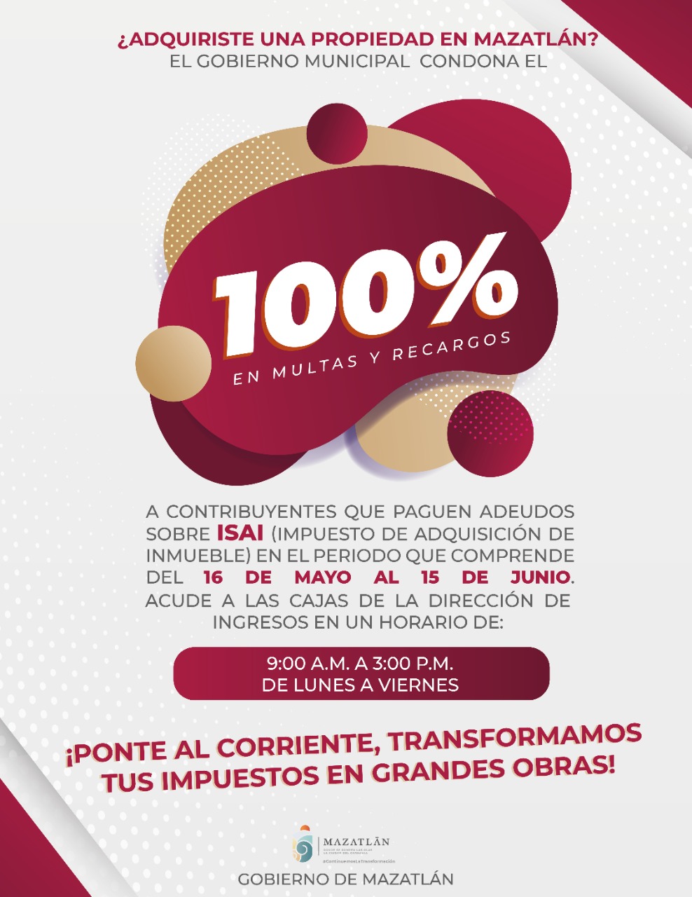 Gobierno Municipal inicia este lunes programa de descuentos al 100 % en multas y recargos en ISAI