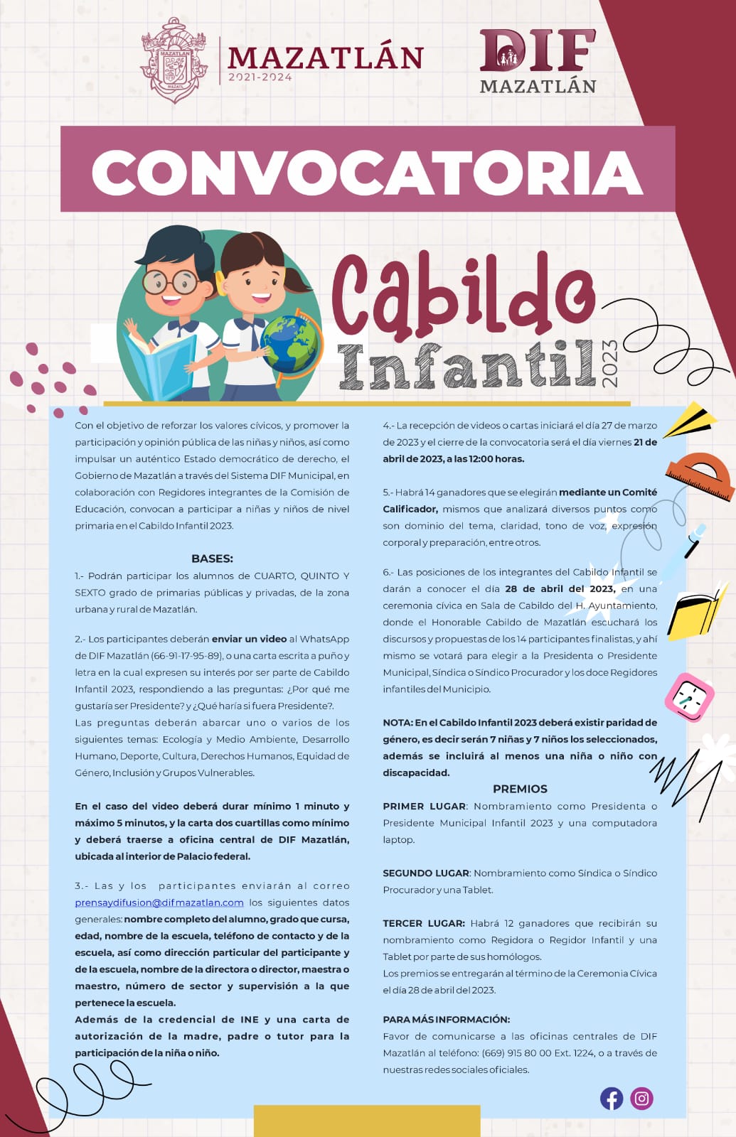 Invitan Sistema DIF Mazatlán y Gobierno Municipal a niñas y niños del puerto a ser parte del Cabildo Infantil 2023