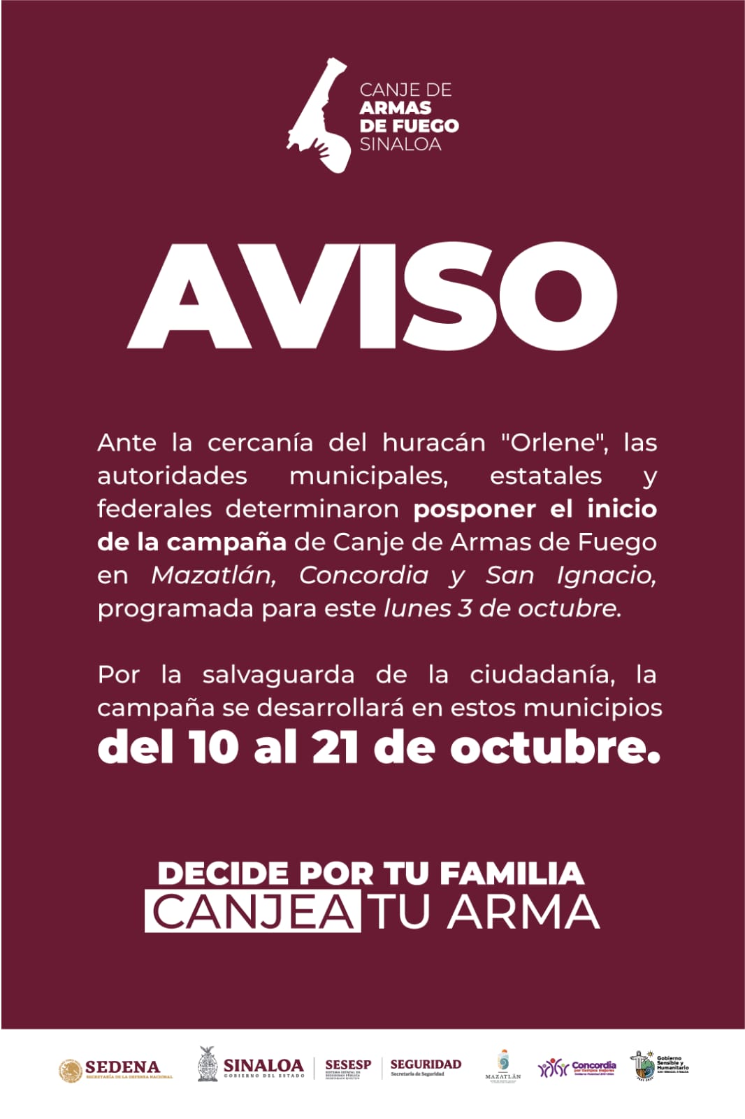 Ante cercanía de “Orlene”, se pospone Canje de Armas en Mazatlán.