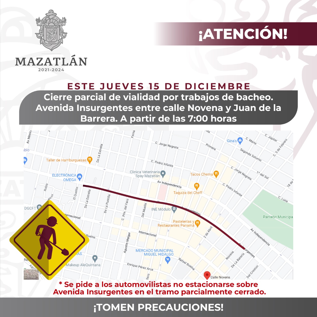 Por trabajos de reencarpetado, Tránsito Municipal cerrará parcialmente tramos de la Avenida Insurgentes.
