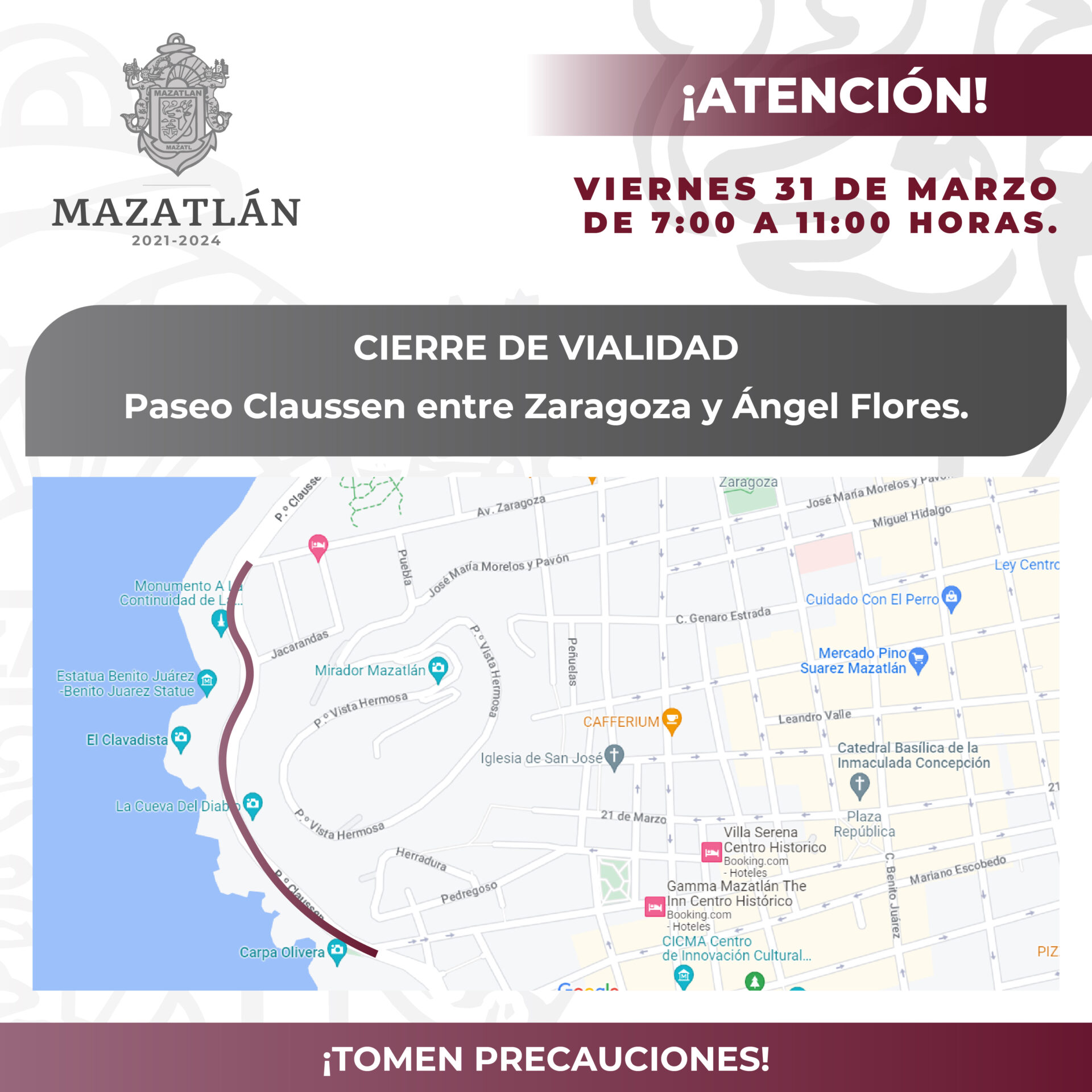 Por presentación de operativo Semana Santa cerrarán de forma provisional el paso vial en Paseo Claussen