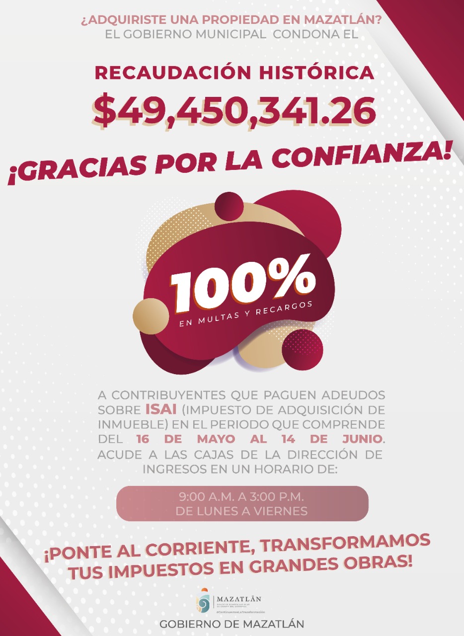Gracias a la confianza de la ciudadanía, Gobierno de Mazatlán recaudó más de $49.4 MDP